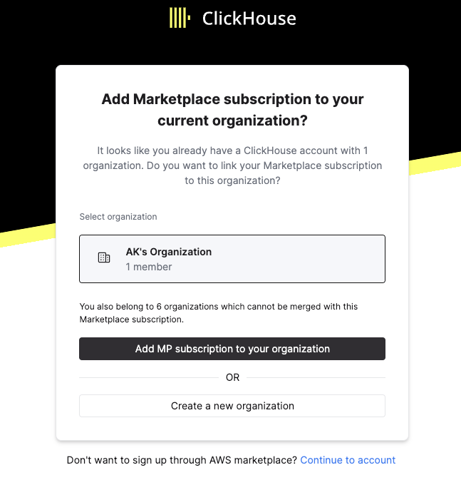 Форма ввода информации при регистрации в ClickHouse Cloud