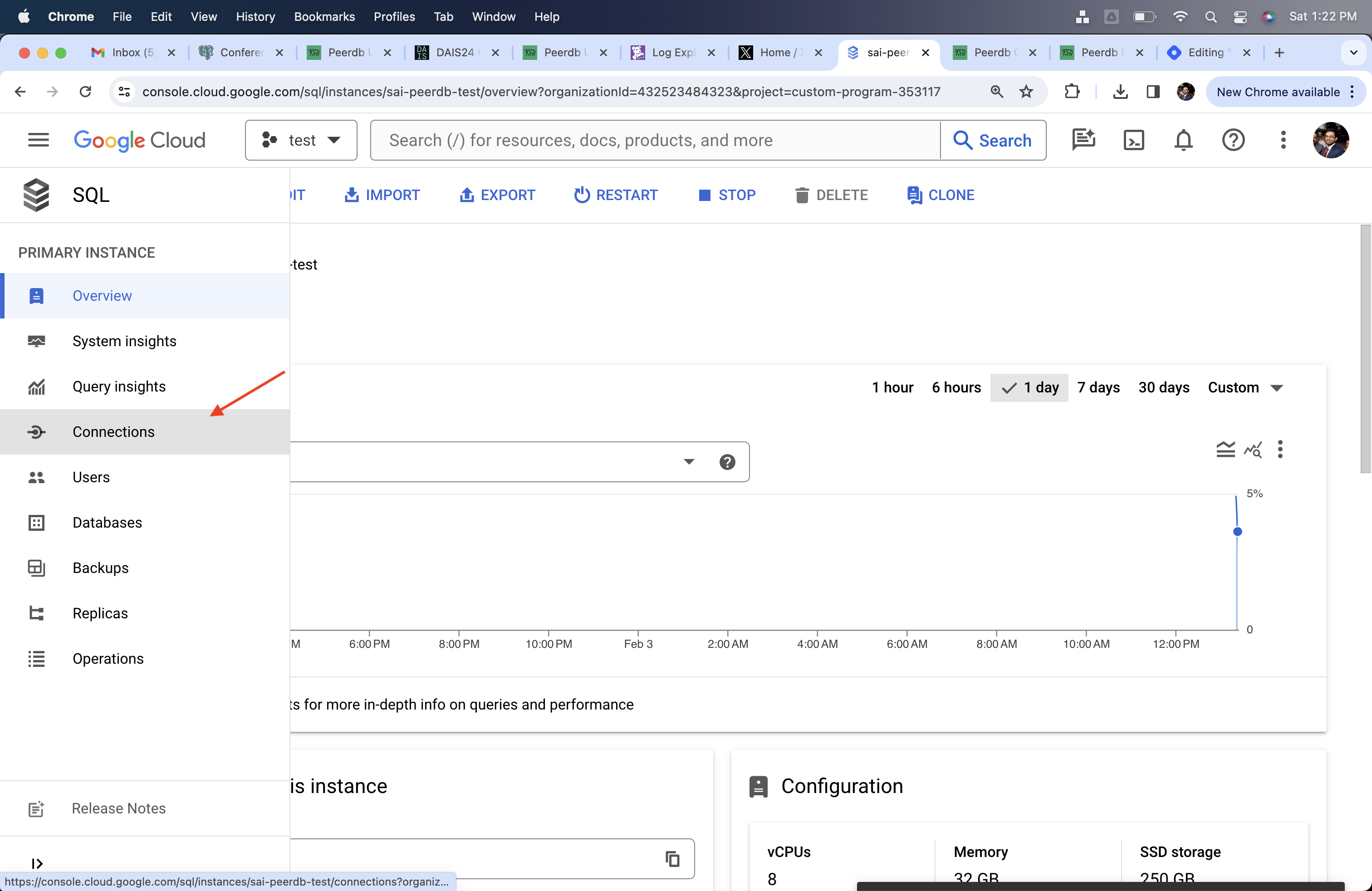 Раздел Connections в Cloud SQL