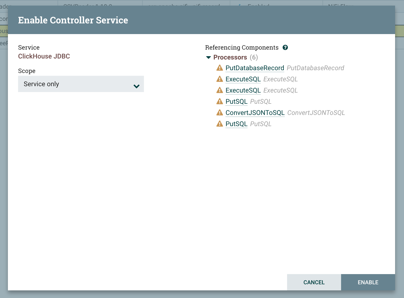 Диалог подтверждения включения (Enable) Controller Service